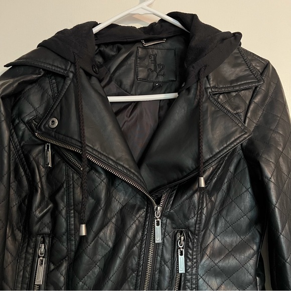NEW Black Faux Leather Motorcycle Hoodie BikerJacket - Picture 2 of 6